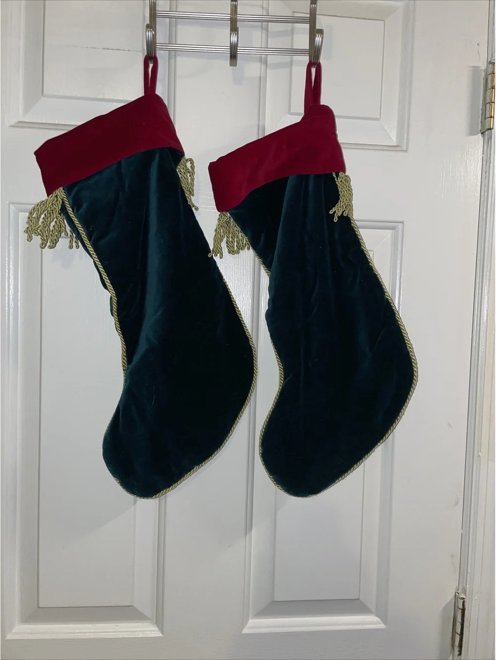 Velvet Green Christmas Stockings Gold Cord Trim Gold Stitched Bird Poinsettias